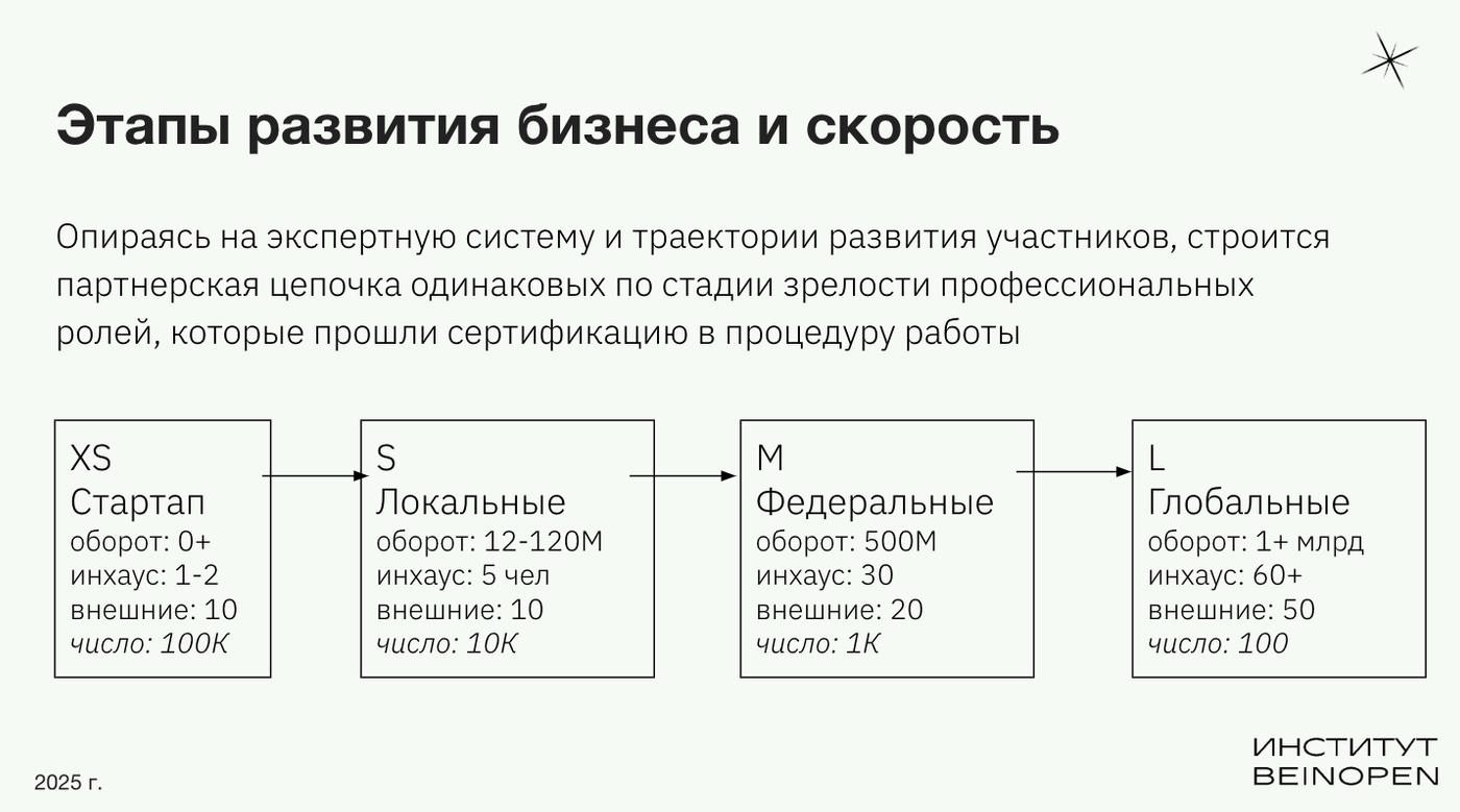 Этапы развития бизнеса бренда и цепочки партнеров от XS до L
