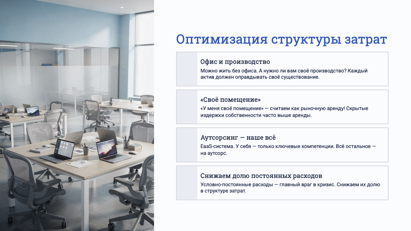 Структура затрат: офис, собственное производство и аутсорсинг